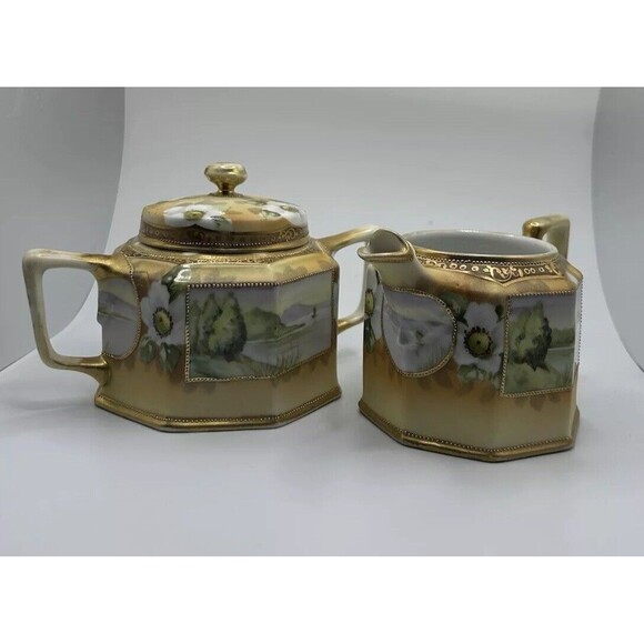 Vintage Noritake Nippon Hand Painted Creamer & Sugar Set Lake Scene Gold Gilt - Picture 2 of 16